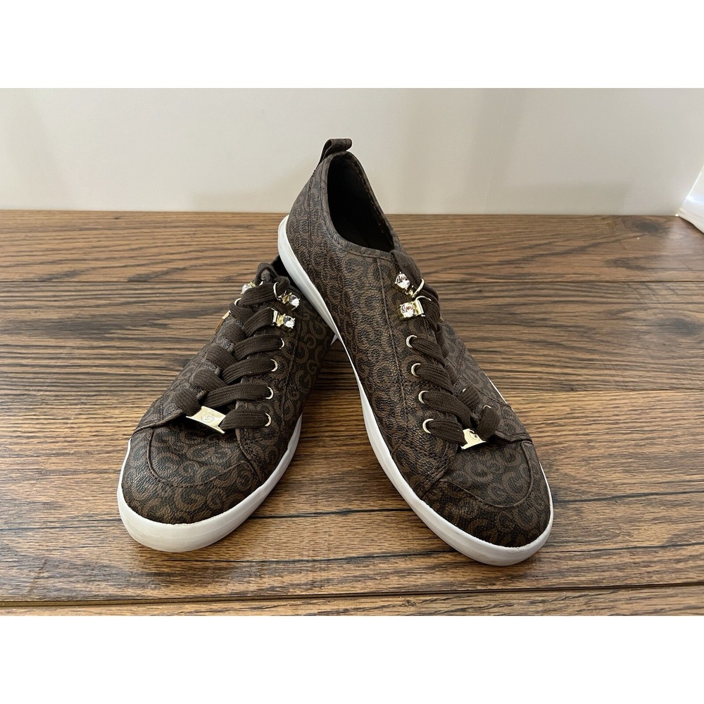 GUESSโ Women's Bejeweled Sneakers Sz 11M โ Brown Monogram Logo, Glam Casual